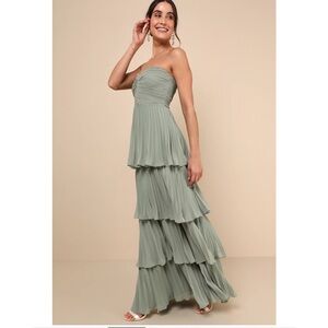 Lulus Seriously Sensational Sage Brush Green Strapless Tiered Maxi Dress XL